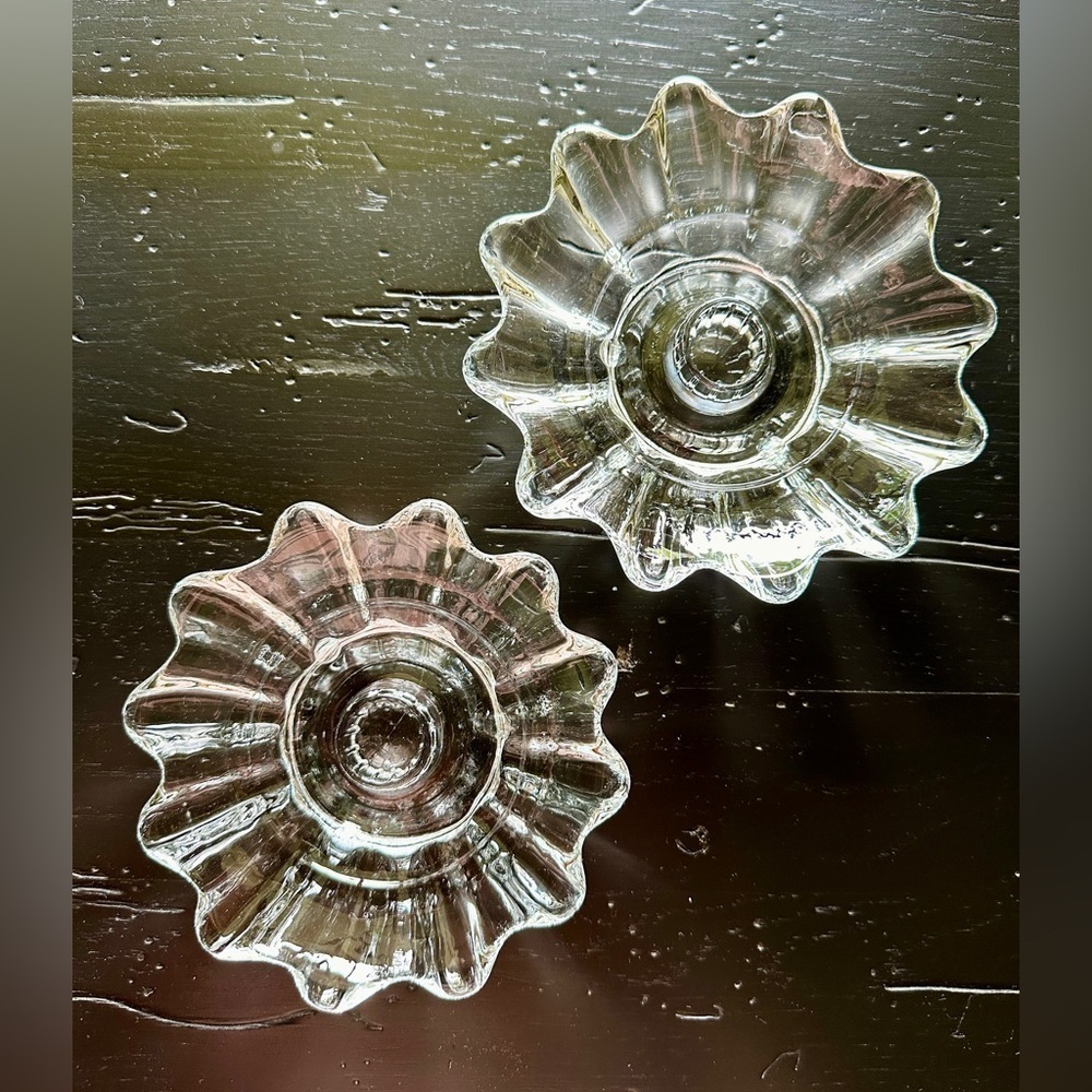VINTAGE, PRESSED GLASS, CLEAR, FLOWER SHAPED, CANDLE HOLDERS.